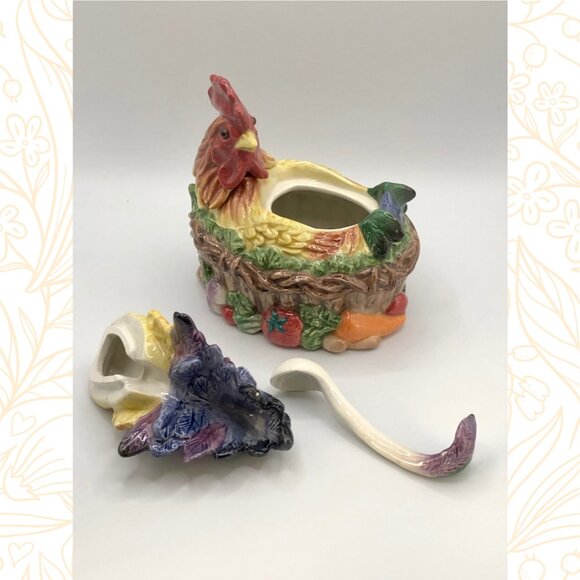 Vintage Fitz & Floyd Rooster Figural Sugar Bowl with Lid and Spoon - Picture 5 of 6